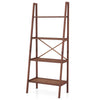 Bamboo ladder shelf with four tiers, perfect for laundry supplies and decorative items in compact spaces.