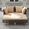 Outdoor daybed with beige cushions and PE rattan, featuring a retractable canopy for shaded comfort on the patio.