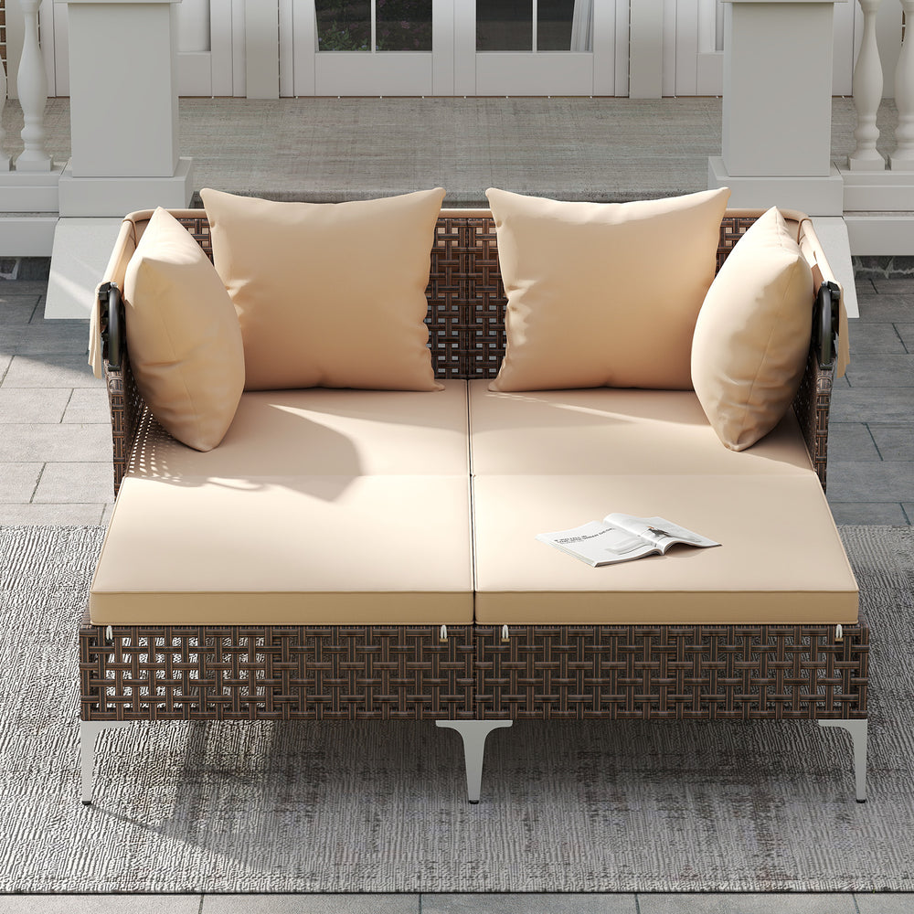 Outdoor daybed with beige cushions and PE rattan, featuring a retractable canopy for shaded comfort on the patio.