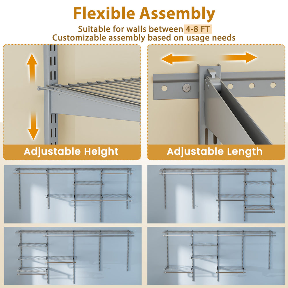 Adjustable 4-8 feet closet organizer system in grey with 7 shelves and 5 hanging rods for versatile storage solutions.