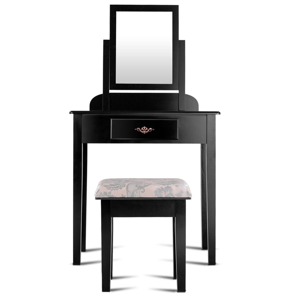 Vanity dressing table set with large square mirror, solid wood, and comfortable stool for elegant makeup application.