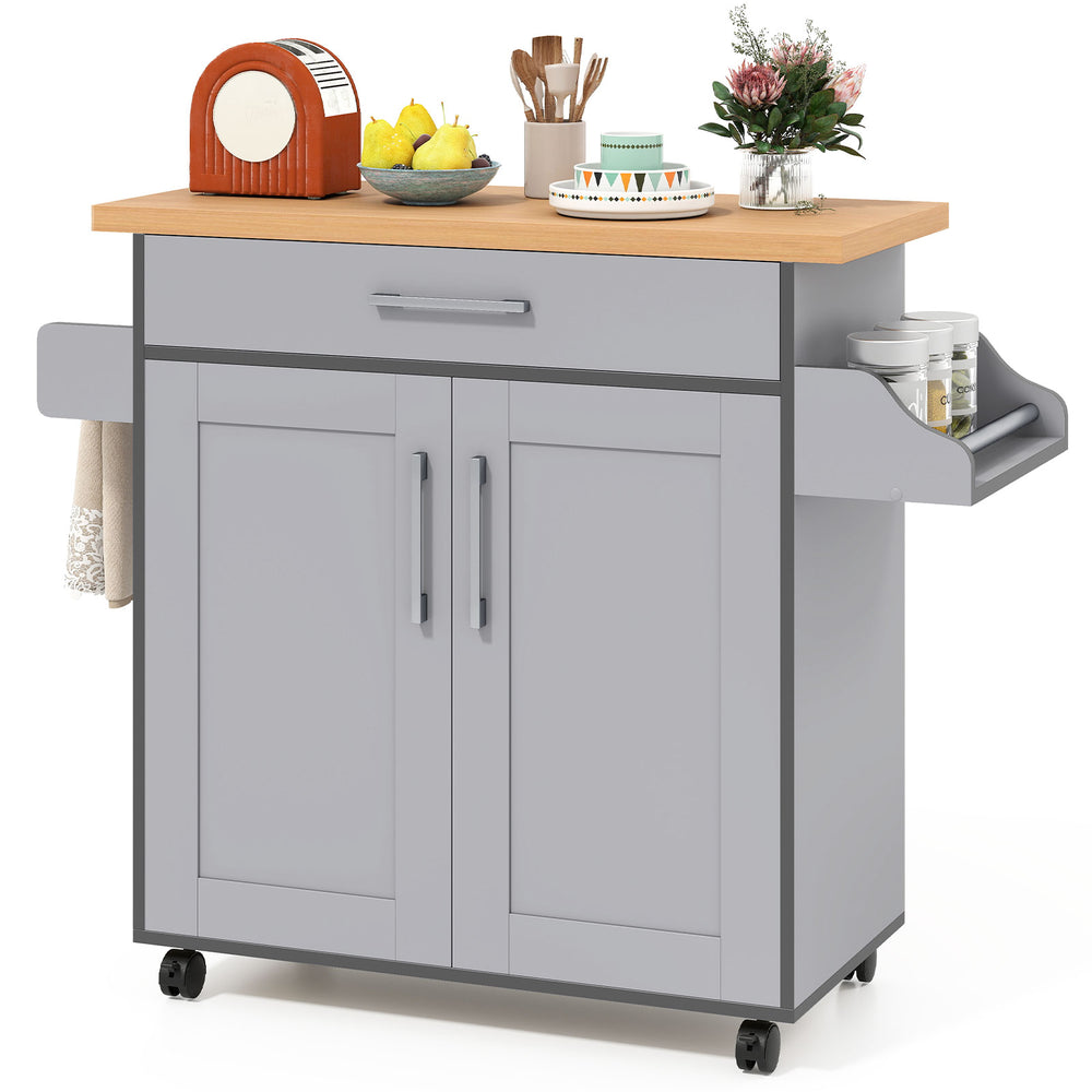 Rolling kitchen island cart in gray with spacious countertop, adjustable cabinet shelves, and towel/spice racks for.