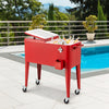 Red portable outdoor patio cooler cart with 80 quart capacity, wheels for mobility, and bottle opener for convenience.