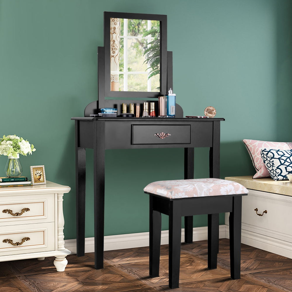 Vanity dressing table set with large square mirror, solid wood, and comfortable stool for elegant makeup organization.