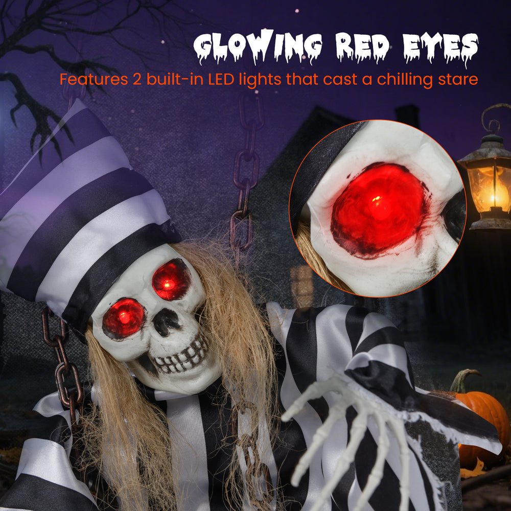 Hanging 18-inch animated skull prisoner decoration with glowing red eyes and sound effects, perfect for Halloween.