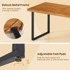 Acacia wood dining table with a robust metal frame and adjustable foot pads, perfect for outdoor dining stability.