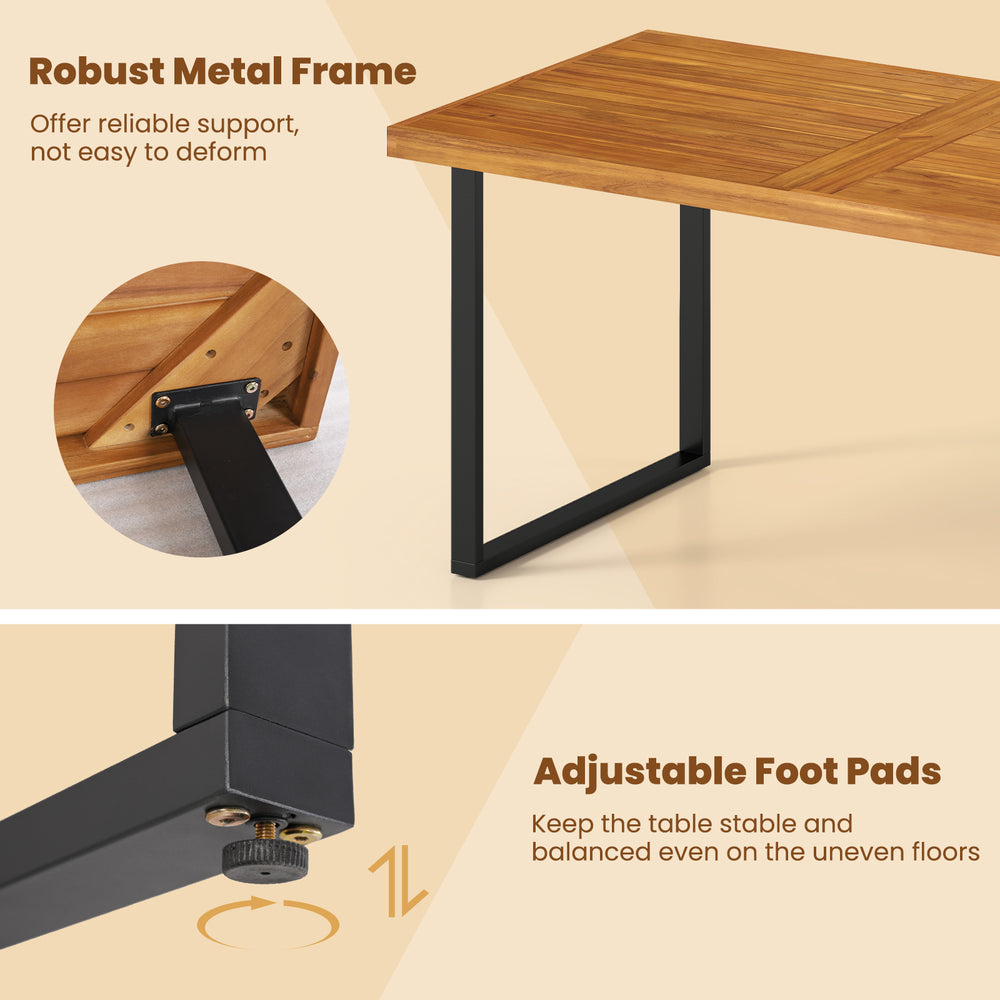 Acacia wood dining table with a robust metal frame and adjustable foot pads, perfect for outdoor dining stability.
