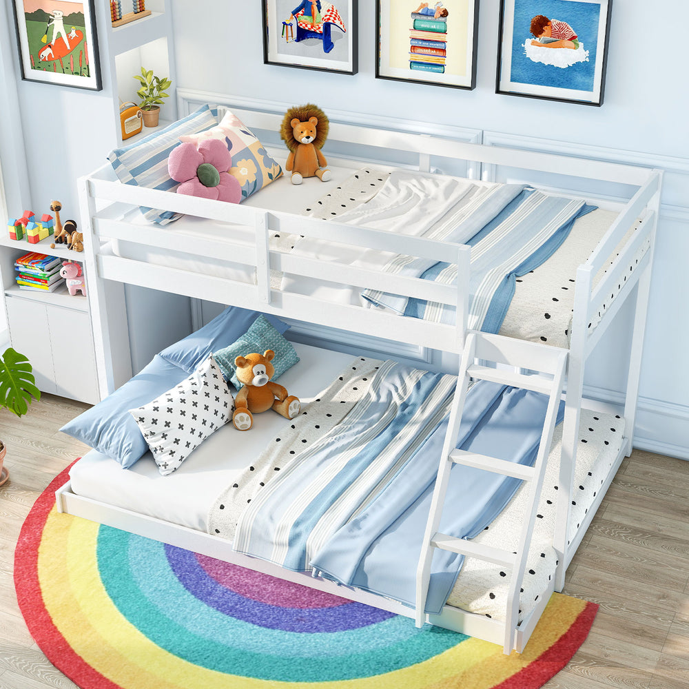 Twin over full low floor bunk bed frame in white, featuring solid pine wood and integrated ladder for kids' rooms.