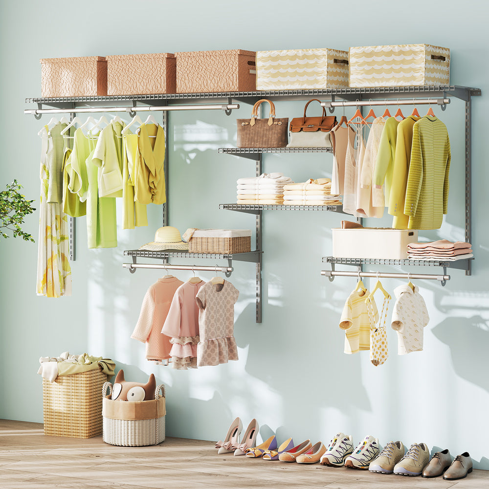Wall-mounted closet organizer with 7 shelves and 5 hanging rods in grey, ideal for laundry or bedroom storage.
