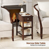 Narrow side table in walnut with a drawer and shelves, ideal for small spaces in living rooms or offices.