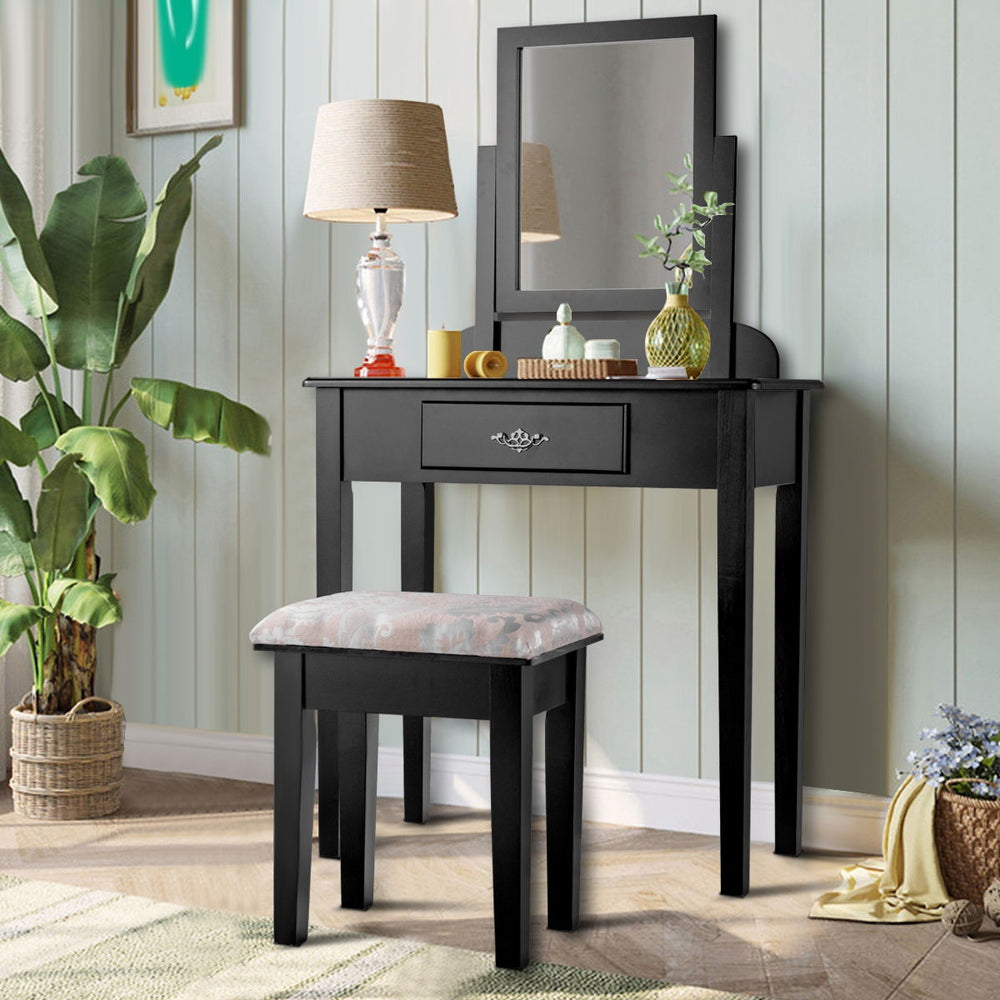 Vanity dressing table set with large square mirror, sturdy solid wood, and comfortable stool for elegant makeup.