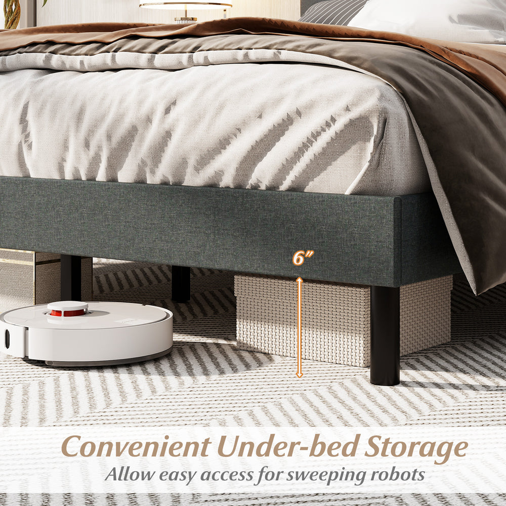 Queen size upholstered bed frame in dark gray with 6 inches of under-bed storage for easy cleaning access.
