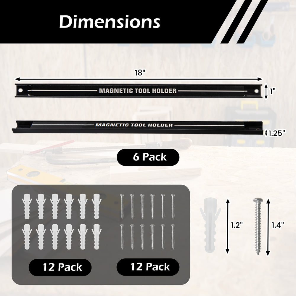 18-inch magnetic tool holder strip in black, includes 6 packs and mounting screws for versatile tool organization.