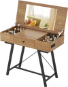 Vanity desk with flip top mirror in rustic brown, featuring storage compartments and a sturdy metal frame for bedroom.
