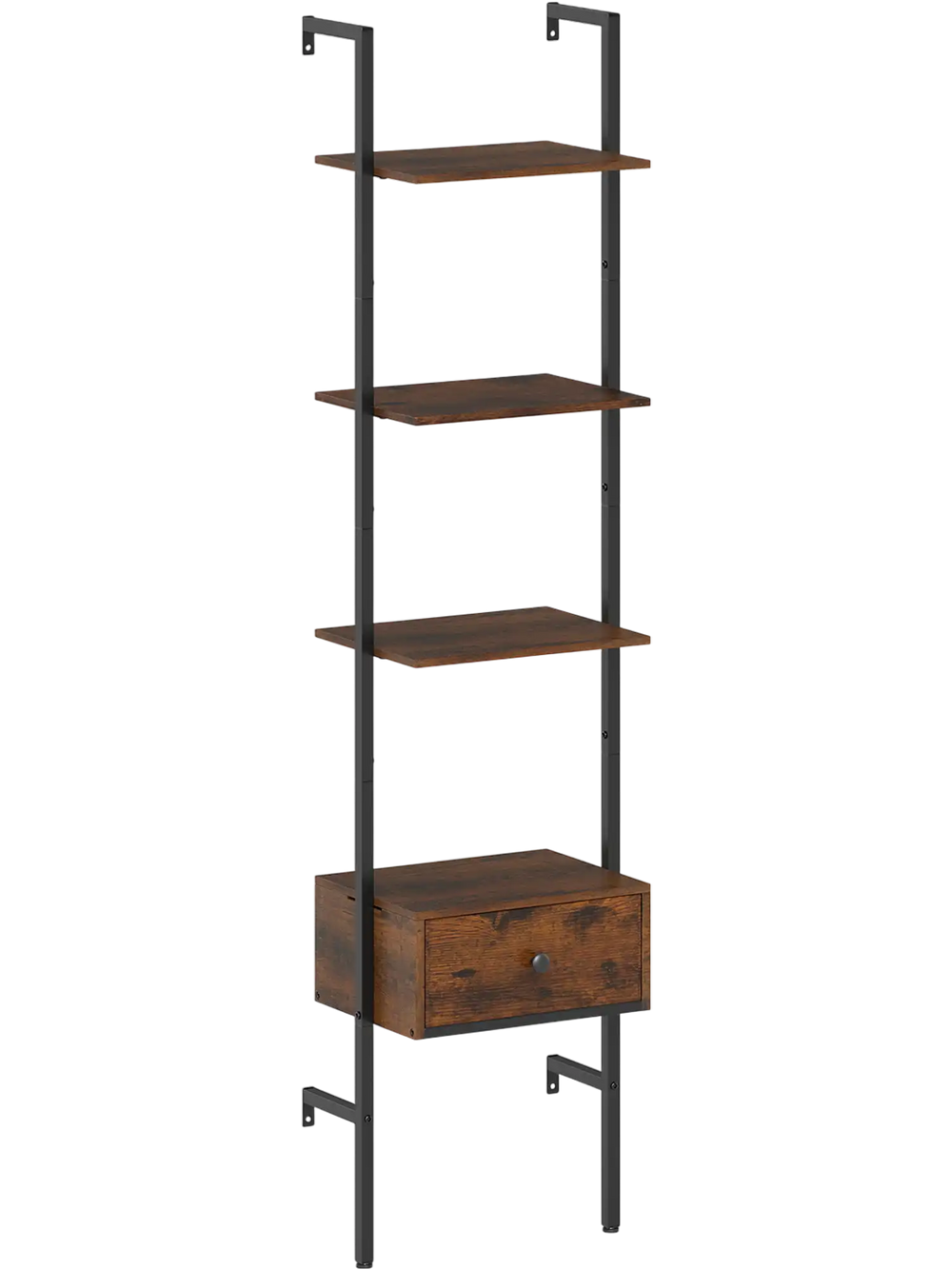 5-tier ladder bookcase in rustic brown with a pull-out drawer and metal frame, ideal for home office or study storage.