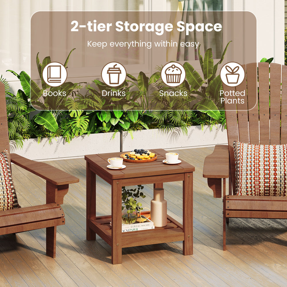 2-tier outdoor side table made of solid wood with a smooth finish, perfect for patio storage and versatile use.