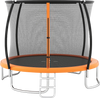 12FT outdoor trampoline with safety enclosure net, curved poles, and galvanized steel frame for stable bouncing fun.