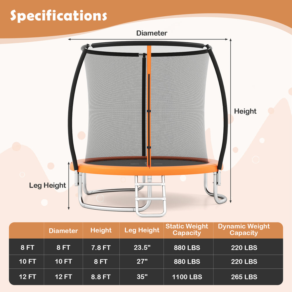 12FT outdoor trampoline with safety enclosure net, featuring curved leg tubes and anti-collision foam sleeves for.