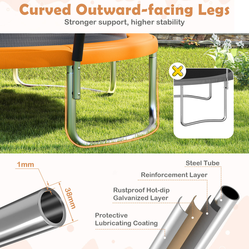 Curved outward-facing legs of the 12FT outdoor trampoline provide enhanced stability and support for safe bouncing fun.
