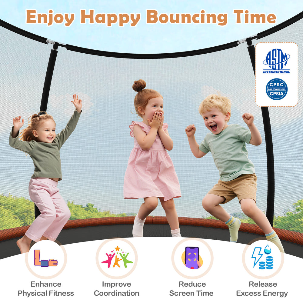 Kids enjoying the 12FT outdoor trampoline with safety enclosure net, promoting fitness and coordination in a fun.