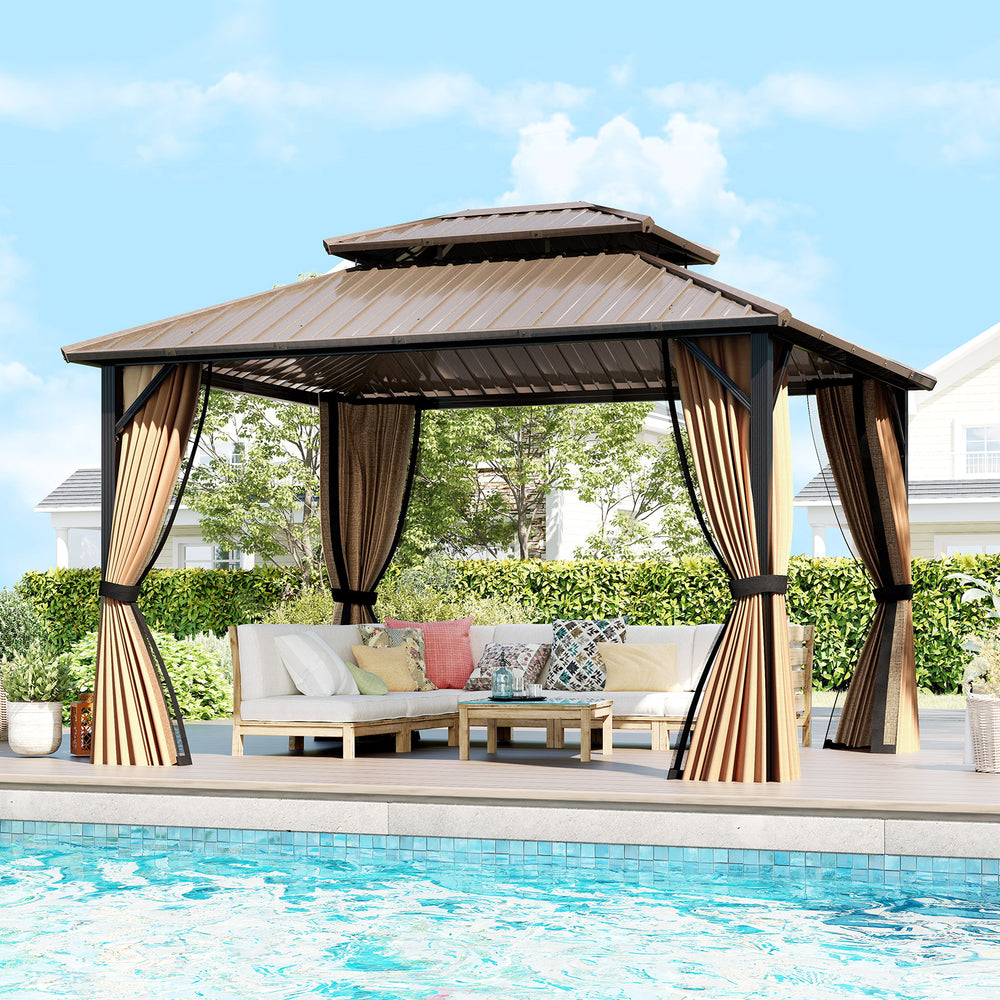 10 x 12 Feet Hardtop Gazebo with Netting and Curtain and Double-Roof Galvanized Metal Top - Gallery View 1 of 12