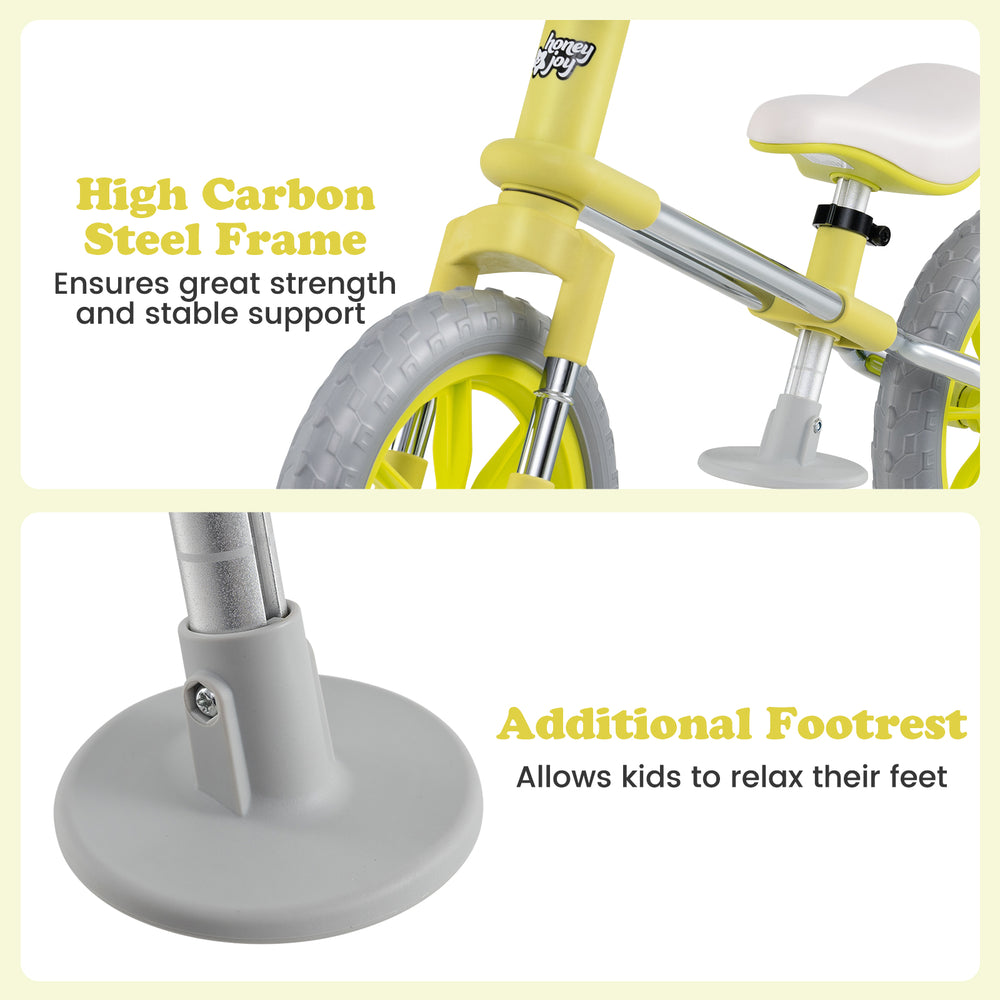 Adjustable seat and high carbon steel frame of the 12-inch balance bike, ideal for kids' riding skills and stability.