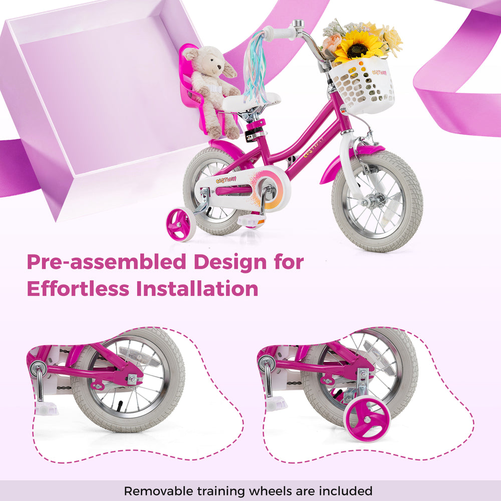 Kids bike with 12-inch wheels, removable training wheels, and dual brake system, perfect for ages 3-4 years.