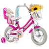 Kids bike featuring a front basket with flowers and a plush toy, designed for children aged 3-4 years, in vibrant pink.