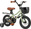 12-inch kids bike in green with adjustable seat, training wheels, and dual brake system for ages 3-4 years.