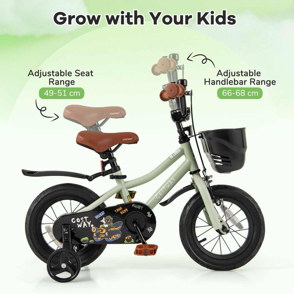 12-inch kids bike with adjustable seat and handlebars, dual brake system, and removable training wheels for ages 3-4.