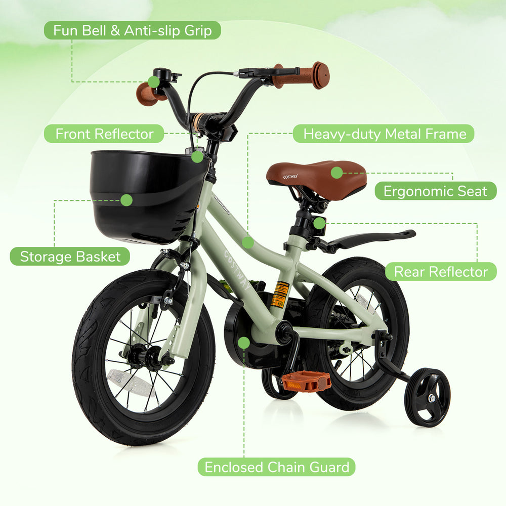 12-inch kids bike with adjustable seat, training wheels, ergonomic seat, and storage basket for safe riding.