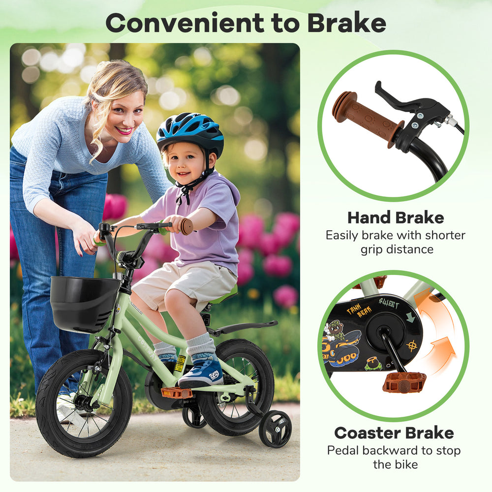 12-inch kids bike with training wheels, hand brake, and coaster brake for safe riding and adjustable seat for ages 3-4.