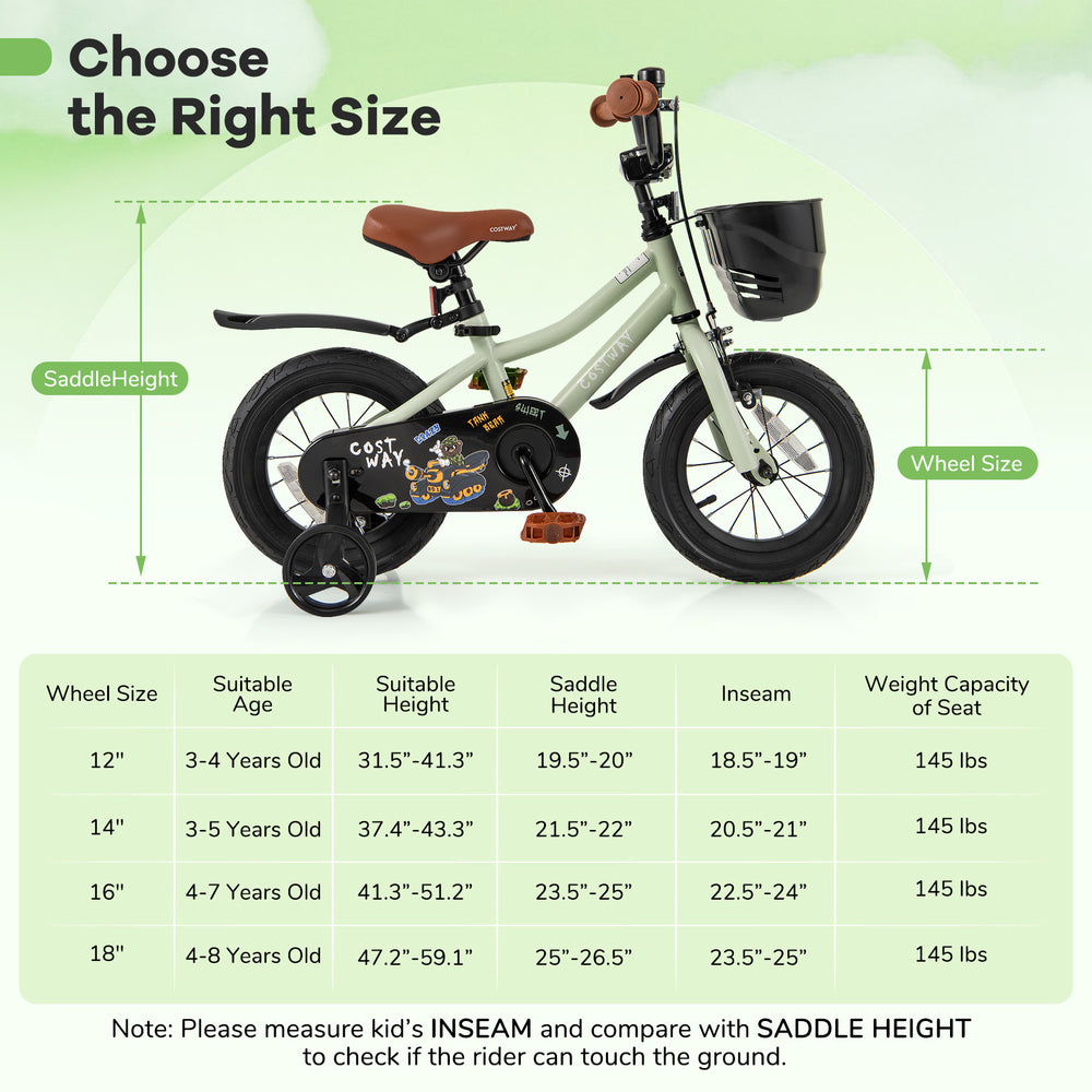 12-inch kids bike with adjustable seat and training wheels, designed for ages 3-4, featuring a dual brake system.