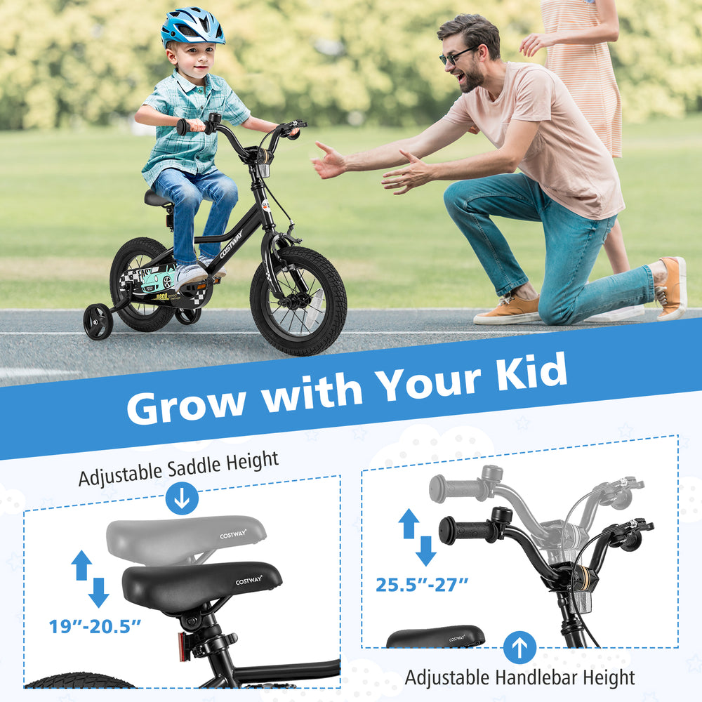 12-inch kids bike with adjustable saddle and handlebar heights, designed for ages 3-4, featuring training wheels for.
