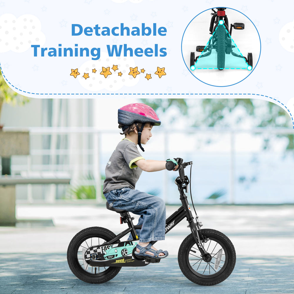 Kids bike with detachable training wheels, adjustable saddle and handlebar, designed for ages 3-4 years for safe riding.