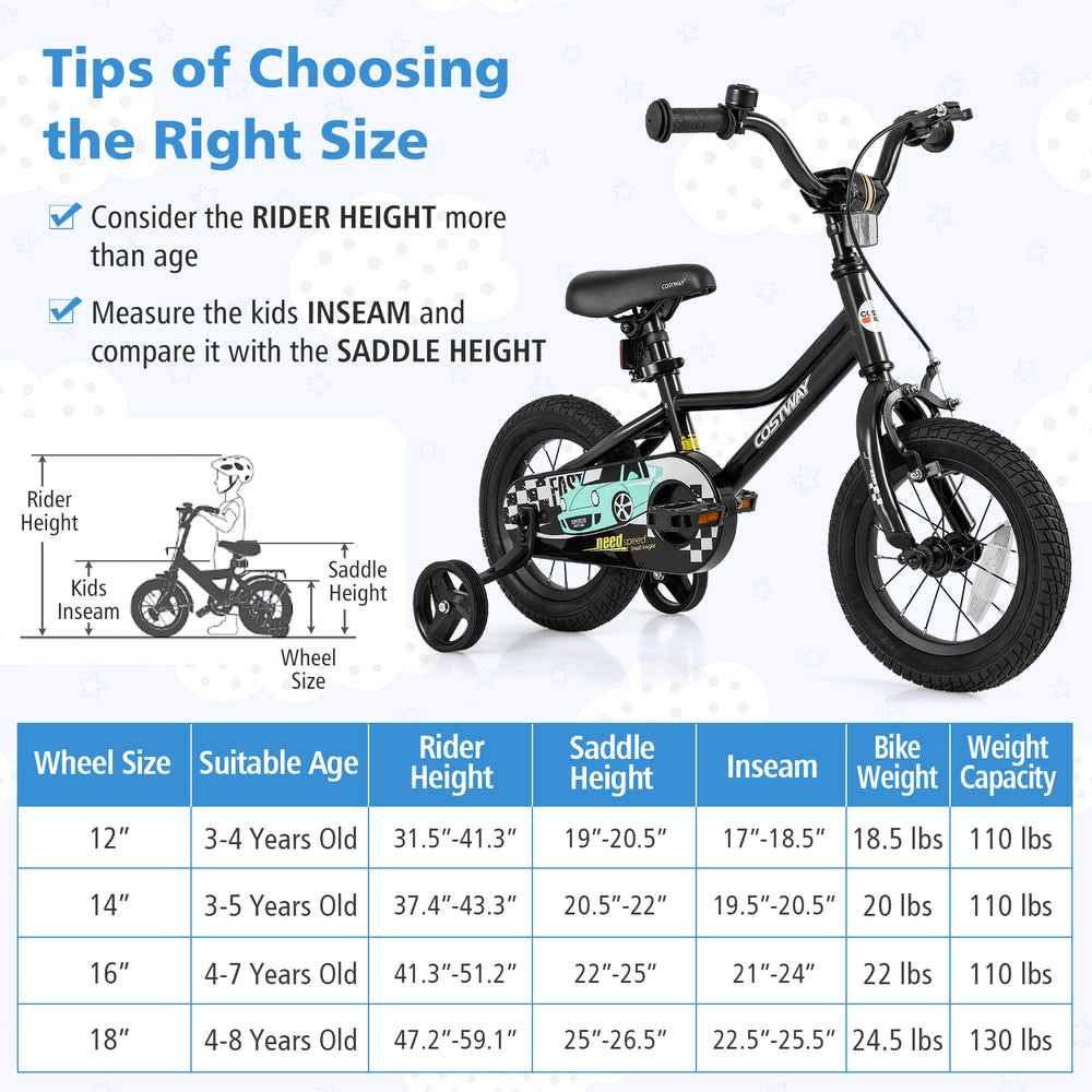 Adjustable 12-inch kids bike with training wheels, suitable for 3-4 years, featuring a low-step frame and hand brake.