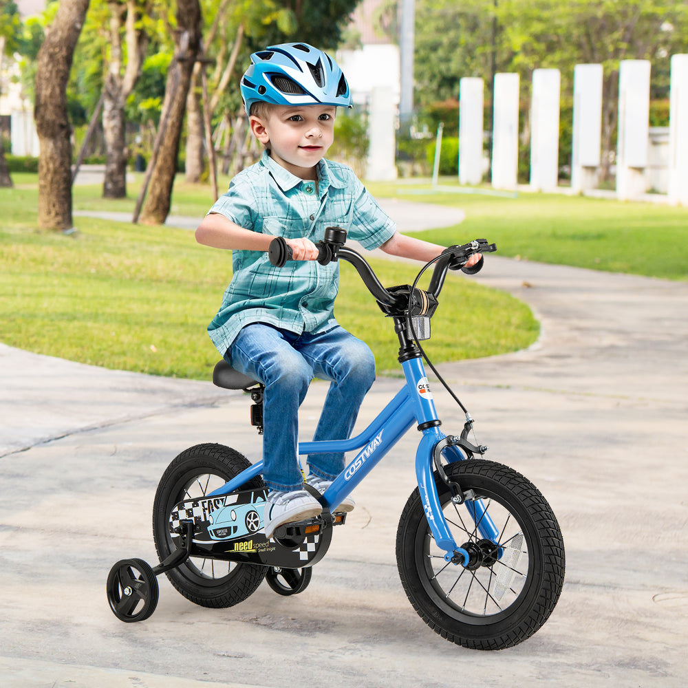 Blue 12-inch kids bike with removable training wheels, adjustable saddle, and hand brake for ages 3-4, perfect for.