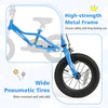 12-inch kids bike with removable training wheels, high-strength metal frame, and wide pneumatic tires for stability.
