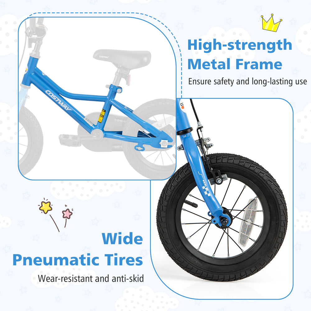 12-inch kids bike with removable training wheels, high-strength metal frame, and wide pneumatic tires for stability.