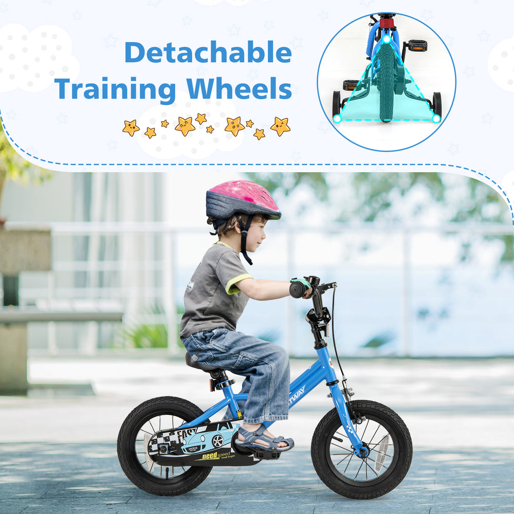 Kids bike with removable training wheels, adjustable saddle, and hand brake, perfect for ages 3-4 years old.