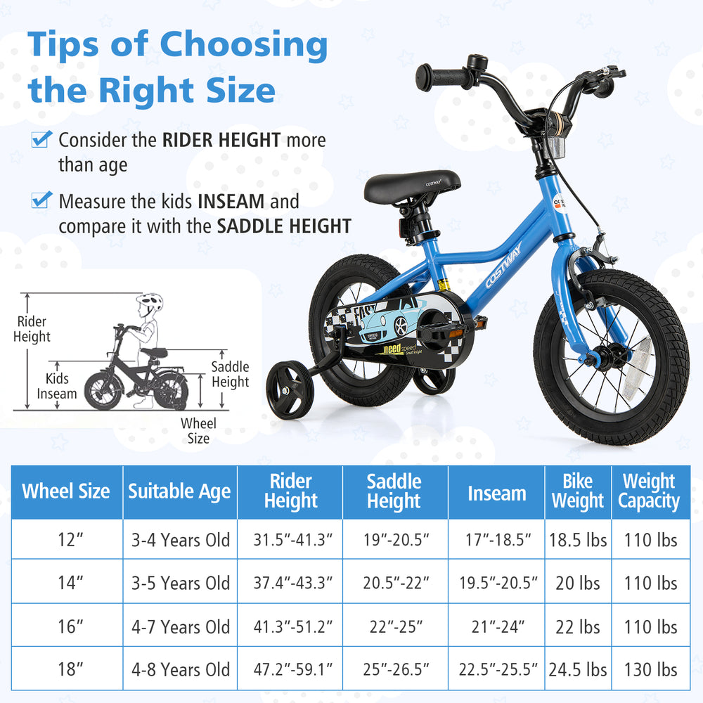 12-inch kids bike with removable training wheels, adjustable saddle and handlebar, designed for ages 3-4 years old.