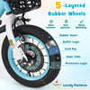 Close-up of the 12-inch kids bike's 5-layered rubber wheels, featuring anti-puncture and shock-absorbing properties.