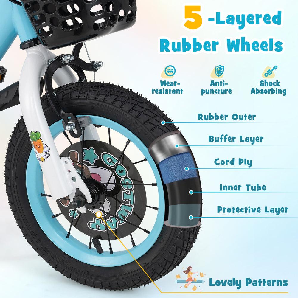 Close-up of the 12-inch kids bike's 5-layered rubber wheels, featuring anti-puncture and shock-absorbing properties.