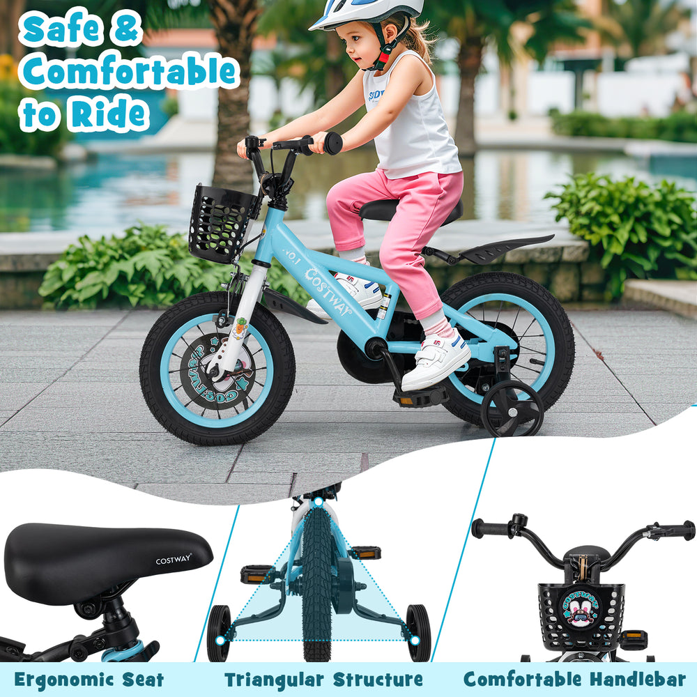 12-inch kids bike with adjustable handlebar, ergonomic seat, and training wheels for stability, perfect for ages 3-4.