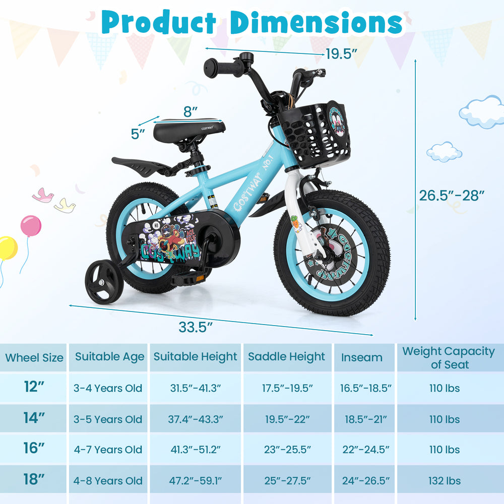 12-inch kids bike with adjustable handlebar and saddle, featuring removable training wheels and front basket for.