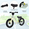 12-inch balance bike in green with adjustable seat, anti-slip handlebars, and additional footrest for kids over 36.