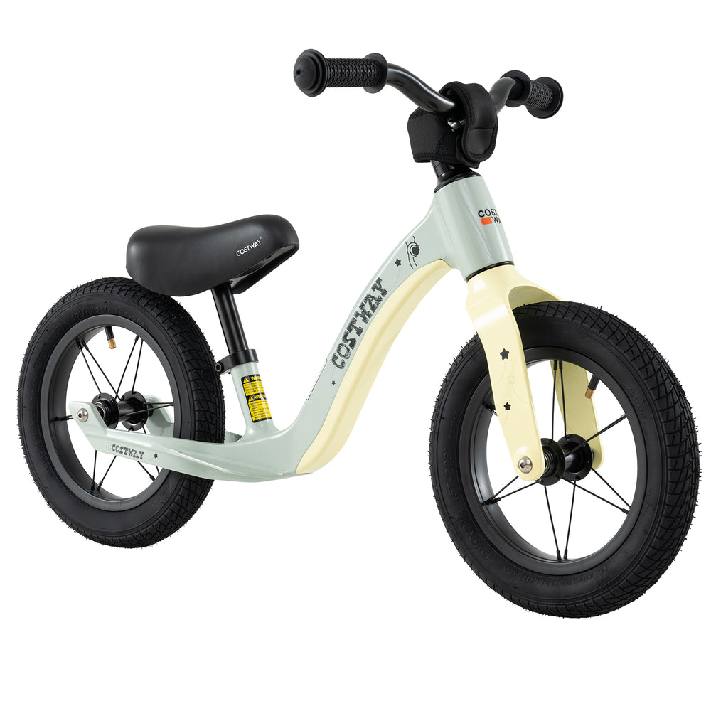 12-inch balance bike in green with adjustable seat, rotatable handlebar, and anti-puncture tires for kids over 36.