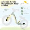 12-inch balance bike in green with magnesium alloy frame, adjustable seat, and rotatable handlebar for kids over 36.