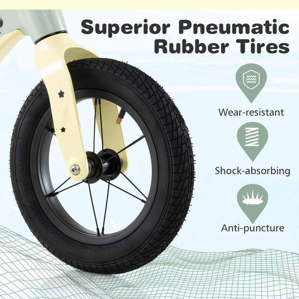 Close-up of the 12-inch balance bike's anti-puncture pneumatic rubber tire, designed for safe and smooth riding.