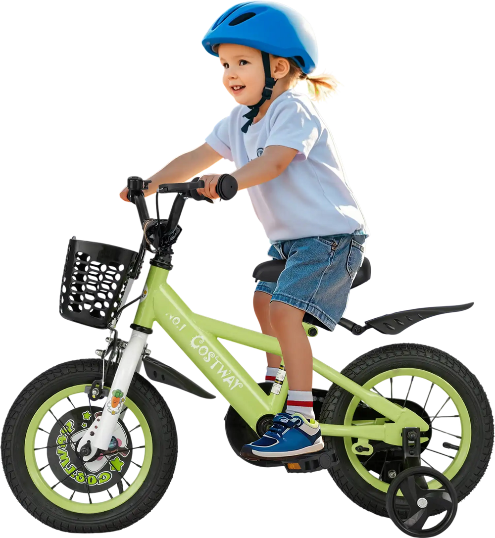 Kids bike with adjustable seat and handlebars, detachable training wheels, and front basket for 3-4 years old.